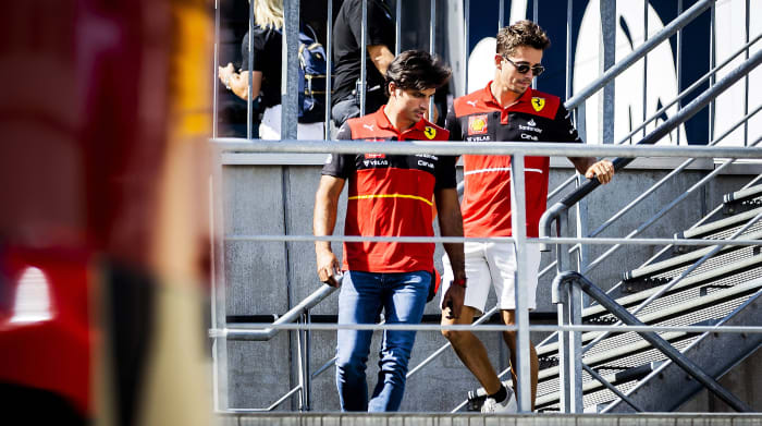 Carlos Sainz Ferrari and Charles Leclerc Ferrari on the Spa Francorchamps race track in the run up to the Belgian Grand Prix